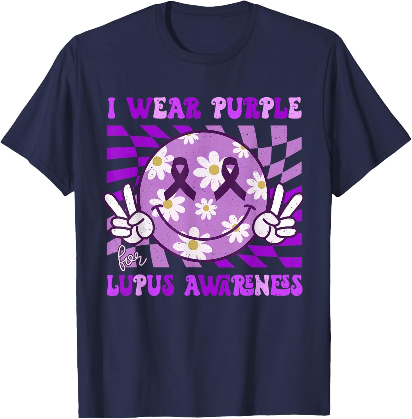 Retro Lupus Awareness Smile Hippie Checkered Purple Ribbon T-Shirt - T-Shirt | Navy