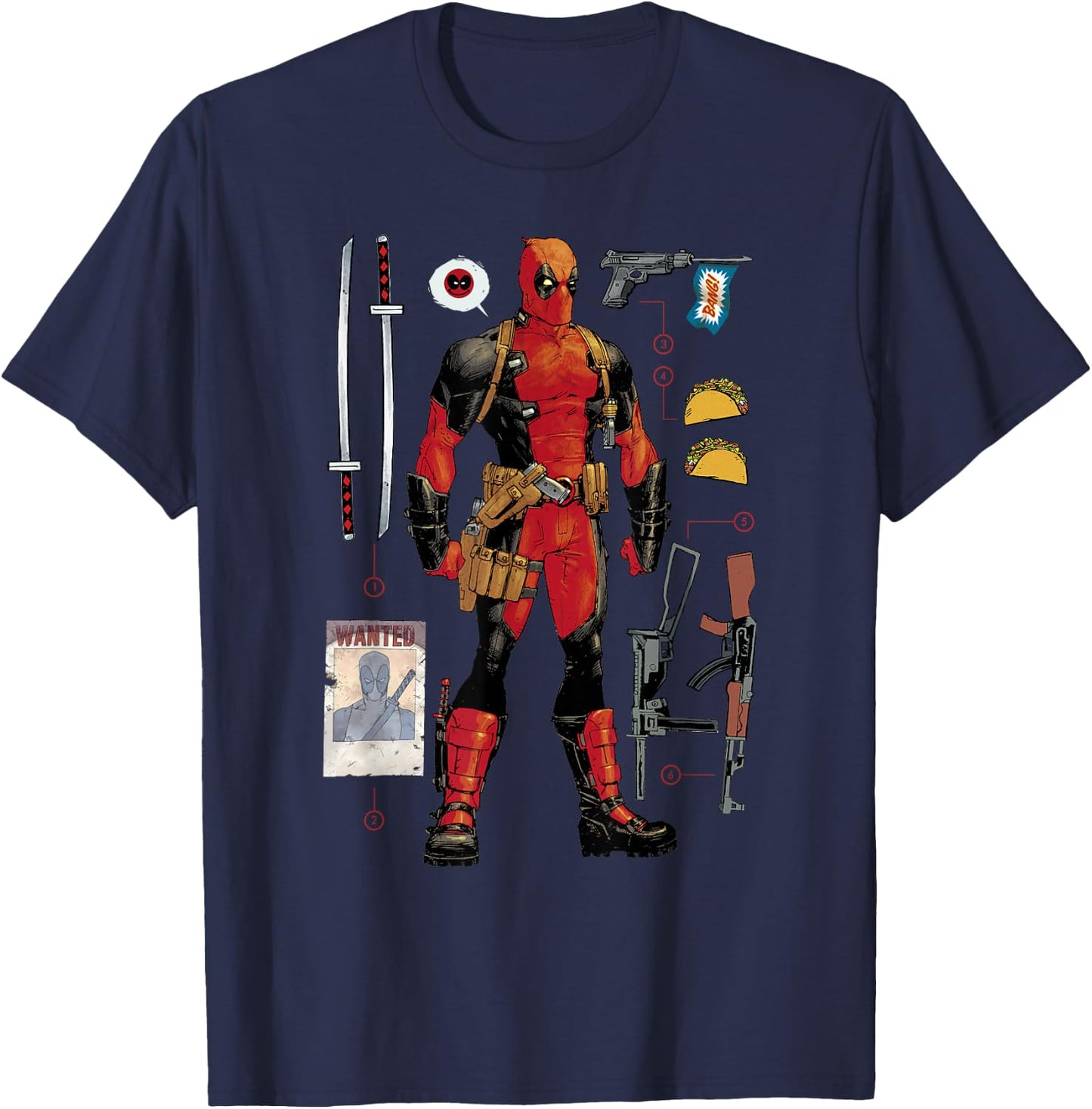 Marvel Deadpool Weapons & Accessories Collection Comic Icon T-Shirt - T-Shirt | Navy