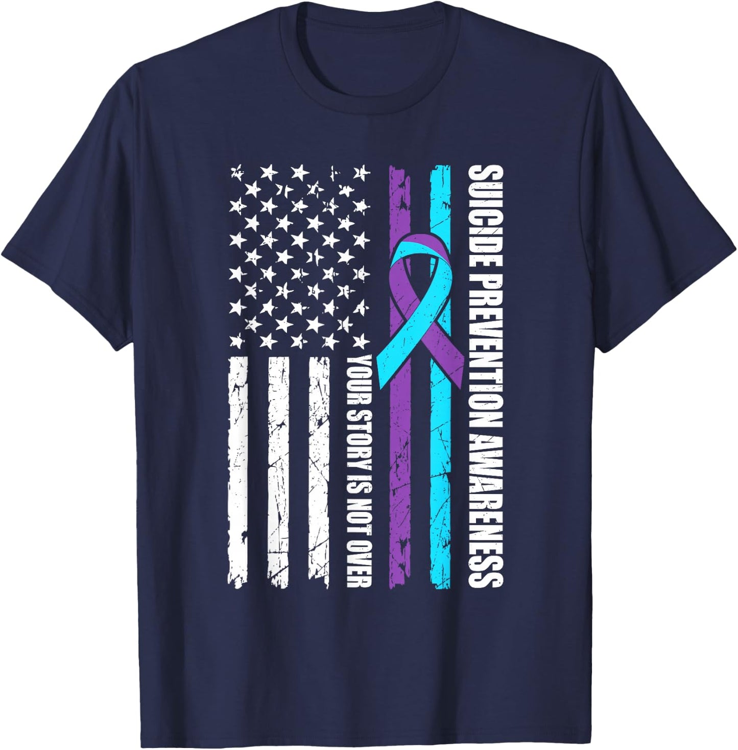 Suicide Prevention Awareness Month Flag Teal & Purple Ribbon T-Shirt - T-Shirt | Navy