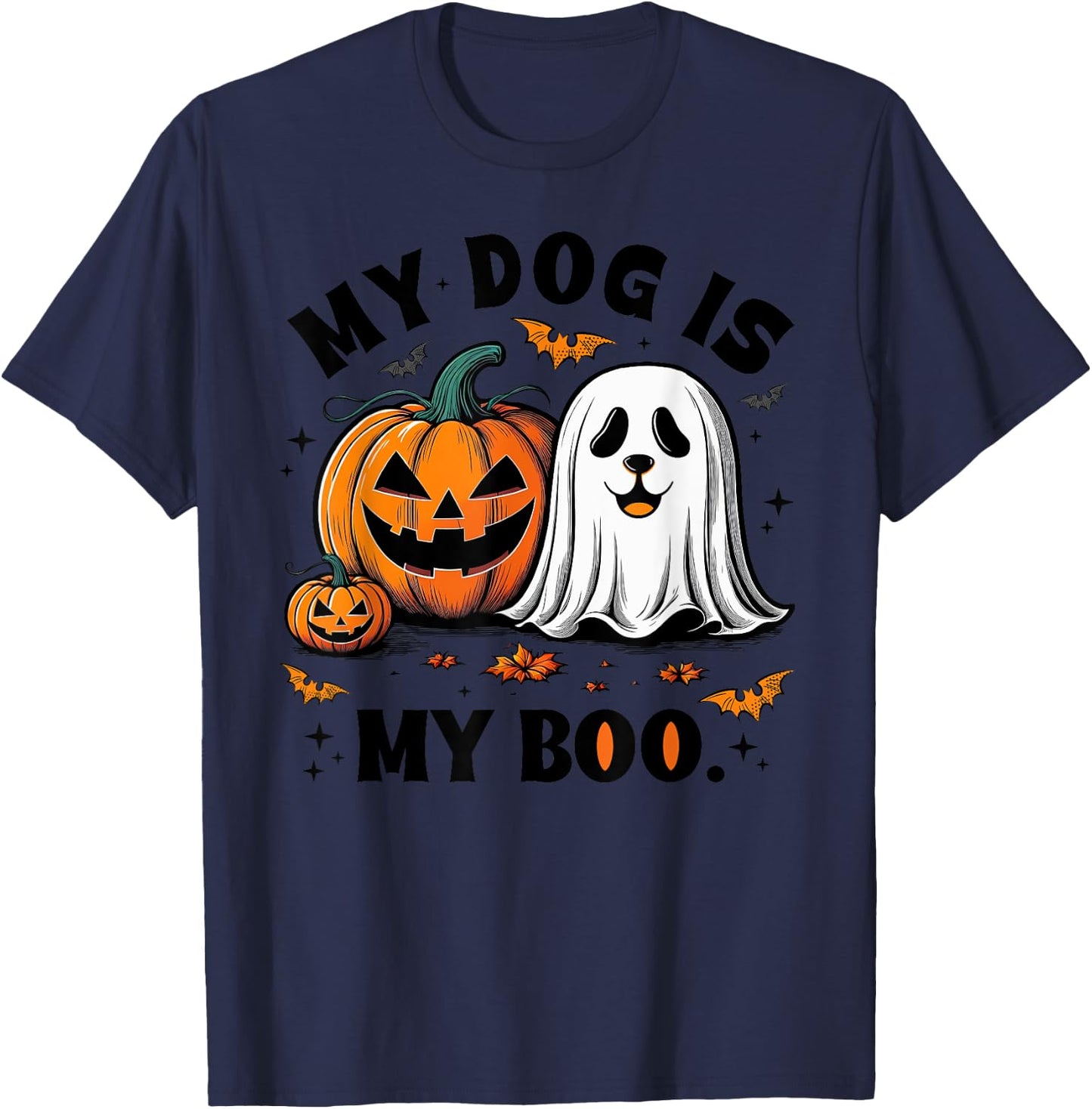 My Dog Is My Boo Spooky Season Ghost Halloween Groovy T-Shirt - T-Shirt | Navy