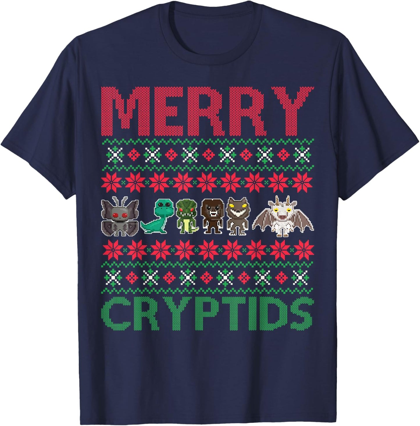 Merry Cryptids Ugly Christmas Bigfoot Apparel T-Shirt - T-Shirt | Navy