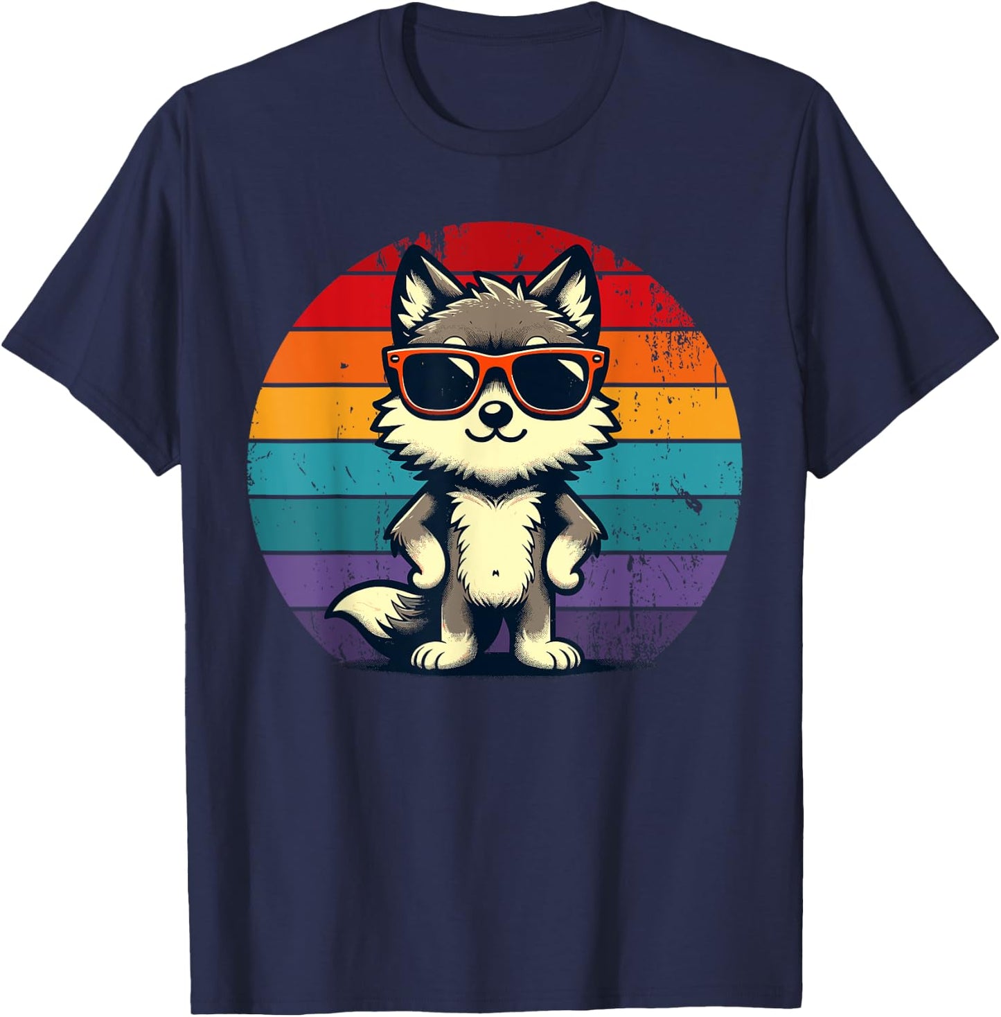 Cool Retro Wolf in Sunglasses 70s 80s 90s Novelty Funny Wolf T-Shirt - T-Shirt | Navy