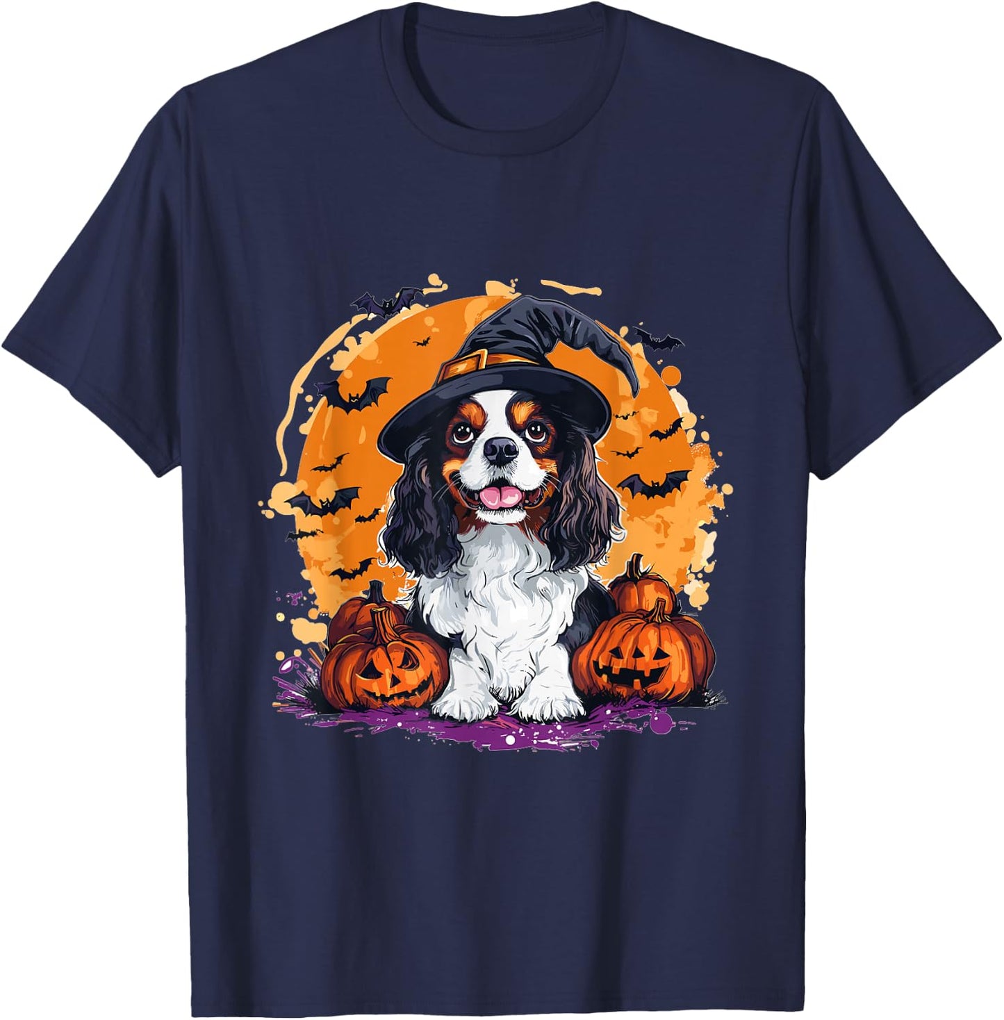 Cavalier King Charles Spaniel Dog Whitch Hat Halloween T-Shirt - T-Shirt | Navy