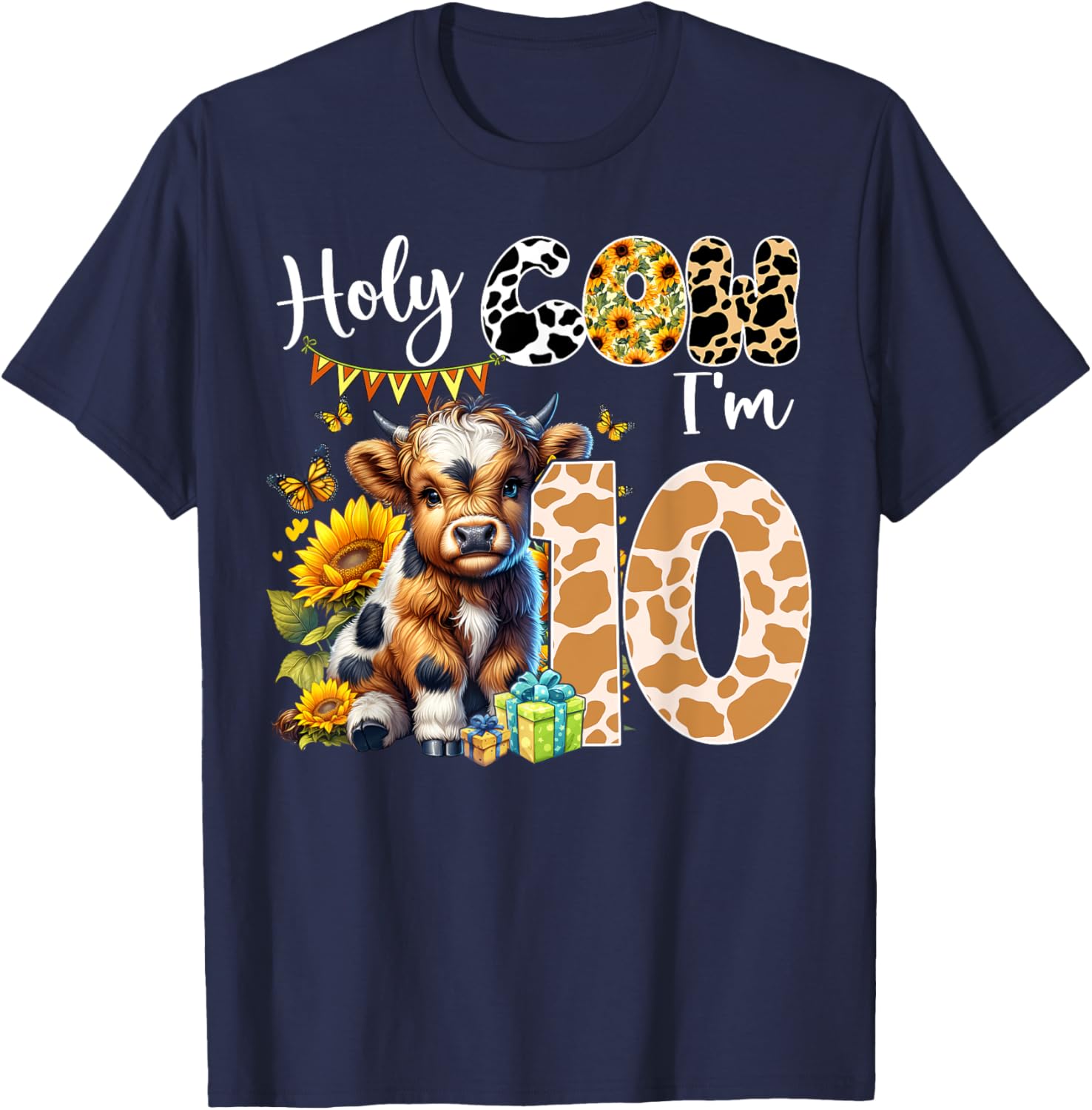 Holy Cow I’m 10 Years Old Dairy Cow Sunflowers 10th Birthday T-Shirt - T-Shirt | Navy