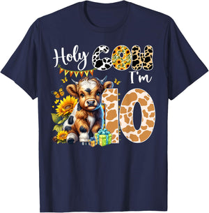 Holy Cow I’m 10 Years Old Dairy Cow Sunflowers 10th Birthday T-Shirt - T-Shirt | Navy
