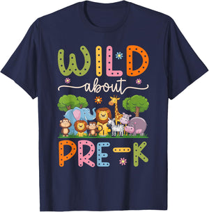 Wild About Pre-K Teacher Student Groovy Back To School Pre-K T-Shirt - T-Shirt | Navy
