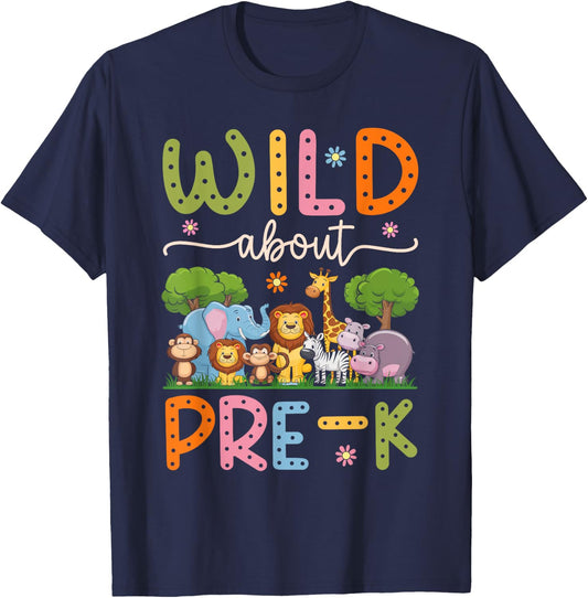 Wild About Pre-K Teacher Student Groovy Back To School Pre-K T-Shirt - T-Shirt | Navy