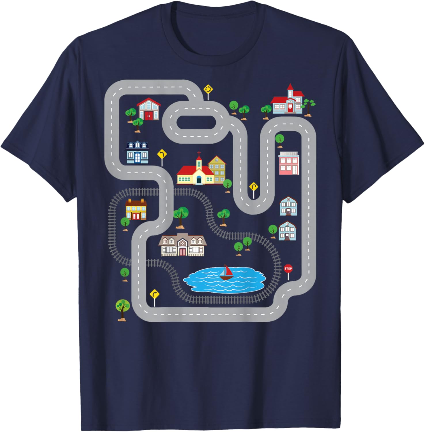Playmat Train Car Race Track Printed On Back Road T-Shirt - T-Shirt | Navy