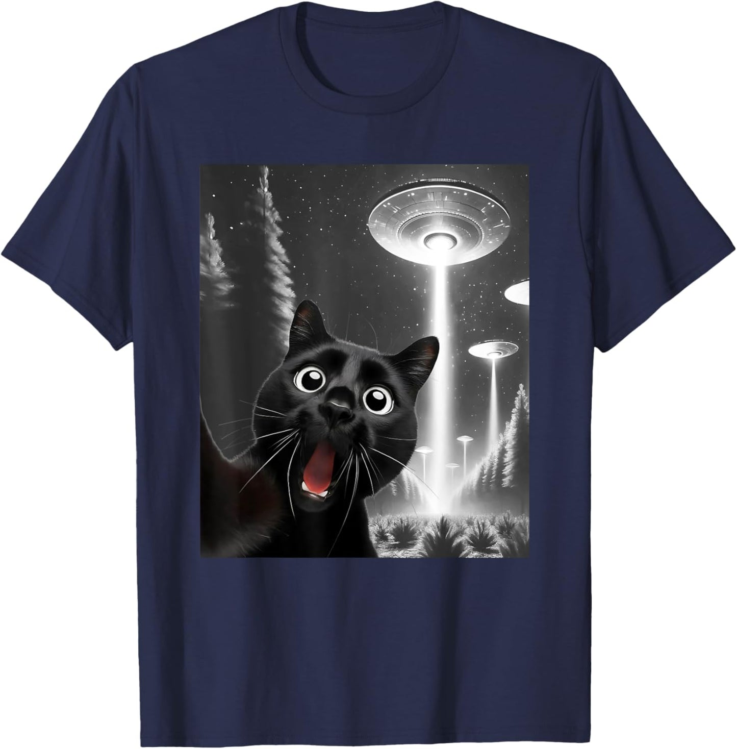 Funny Black Cat Alien UFO Taking a Selfie Cat Mom Dad T-Shirt - T-Shirt | Navy