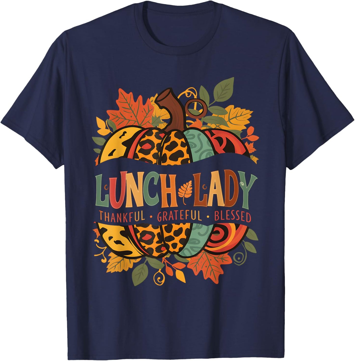 Leopard Pumpkin Fall Autumn Thanksgiving Lunch Lady Women T-Shirt - T-Shirt | Navy
