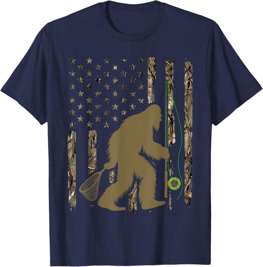 Bigfoot Fly Fishing Sasquatch American Flag Tree Camouflage Men T-Shirt - T-Shirt | Navy