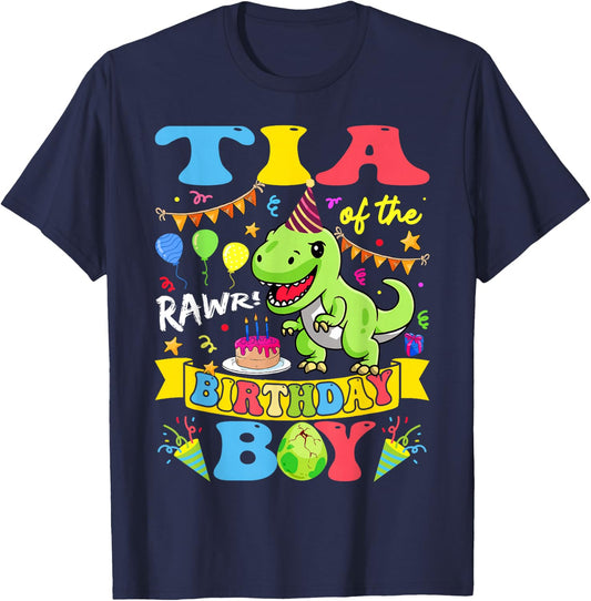Tia Of The Birthday Boy T-Rex Dinosaur Birthday Groovy T-Shirt - T-Shirt | Navy