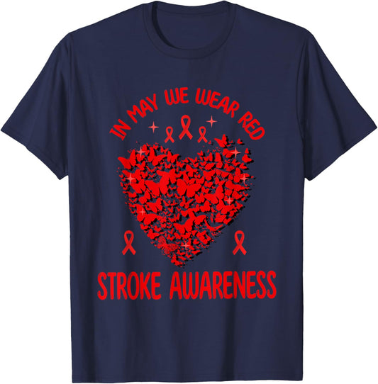 Stroke Awareness Month In May We Wear Red Butterfly Heart Women Men T-Shirt - T-Shirt | Navy