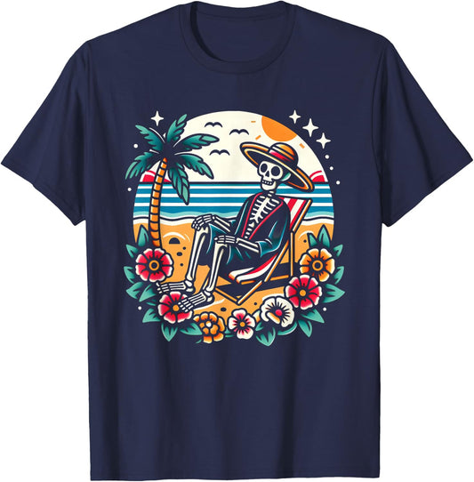 Skeleton On The Beach Traditional Tattoo Artist Inked T-Shirt - T-Shirt | Navy