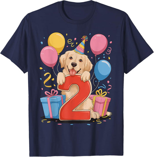 2nd birthday boy girl 2 years old two Golden Retriever T-Shirt - T-Shirt | Navy