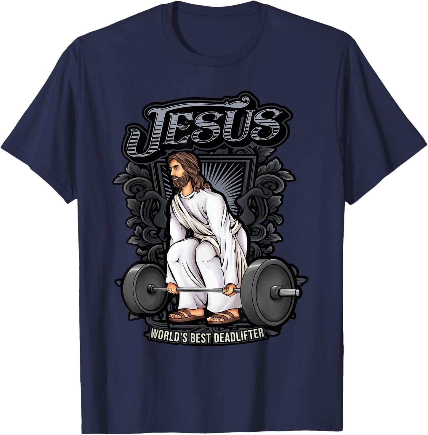 Christian Gifts by Alexis Mae Funny Jesus Weight Lifting Graphic Christian Pun Gym Gag T-Shirt - T-Shirt | Navy