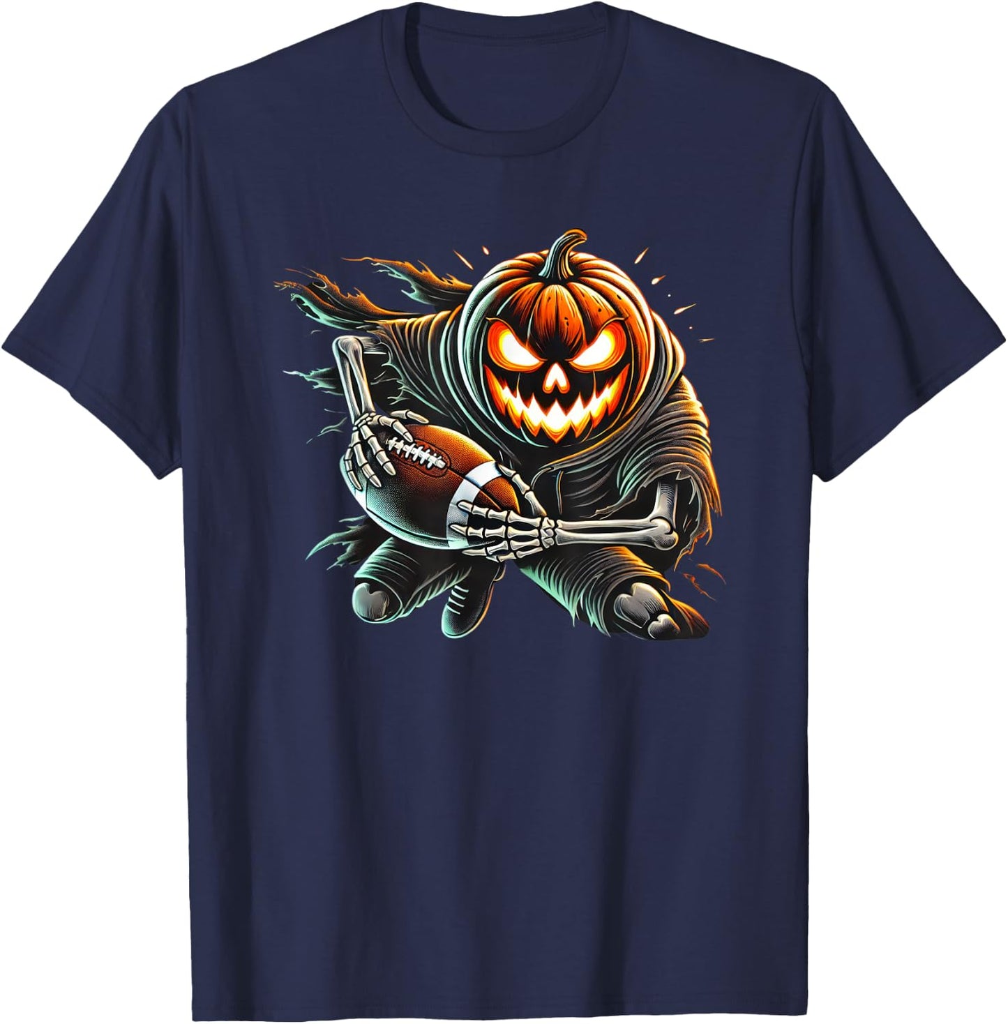 Pumpkin Head Football Player Halloween Costume 2025 Match T-Shirt - T-Shirt | Navy