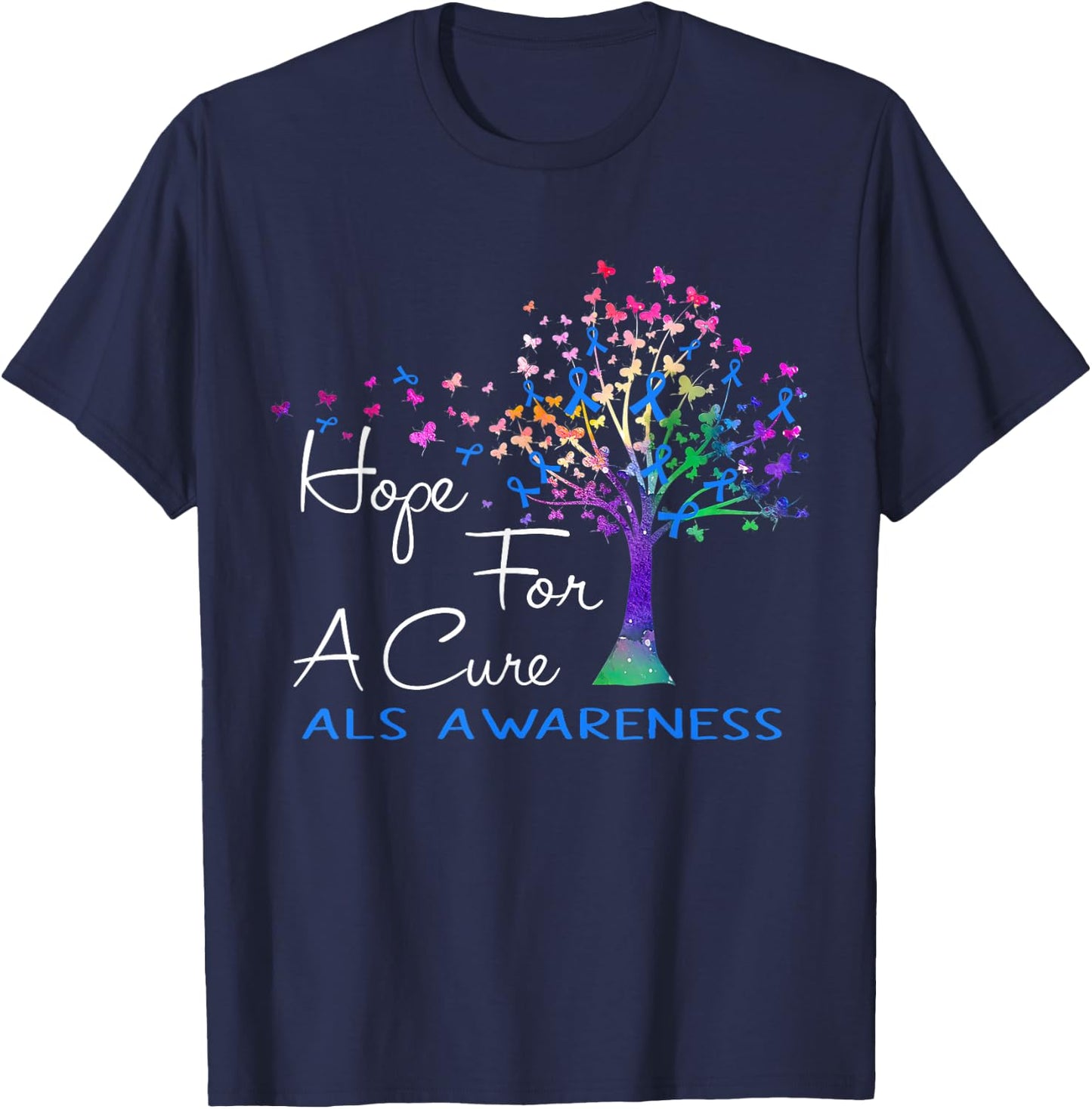 Hope For A Cure ALS Awareness Tree Ribbon T-Shirt - T-Shirt | Navy