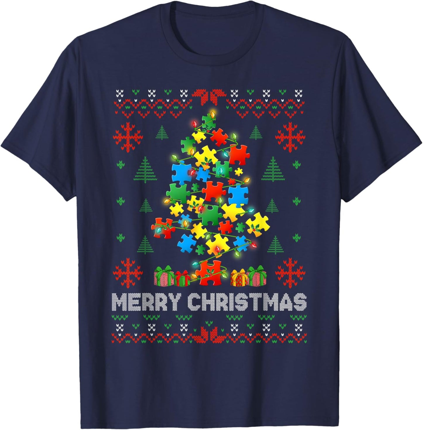 Funny Autism Puzzle Piece Xmas Tree Ugly Christmas Sweater T-Shirt - T-Shirt | Navy