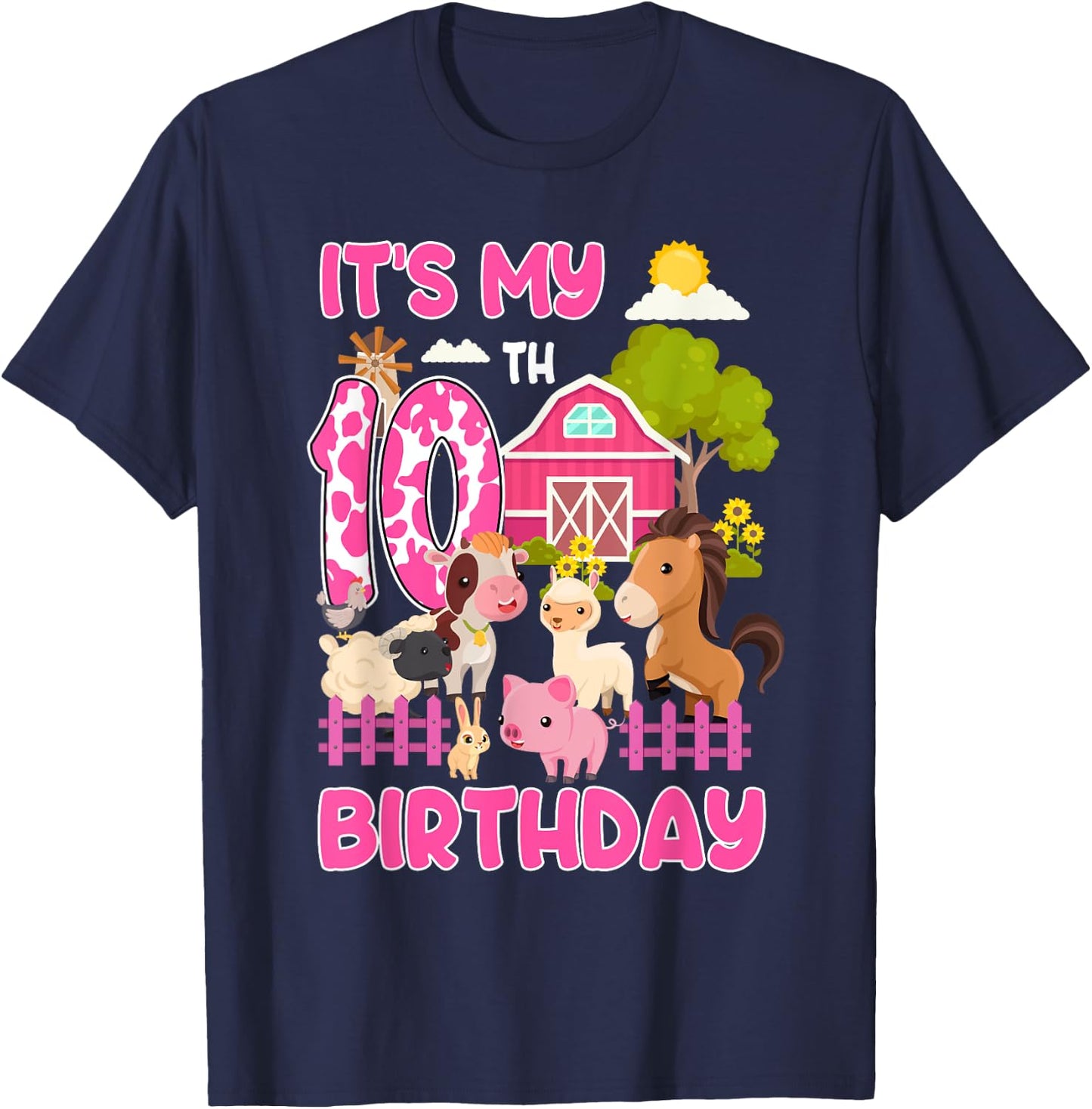 It’s My 10th Birthday Farm Animals 10 Year Old Girl Party T-Shirt - T-Shirt | Navy
