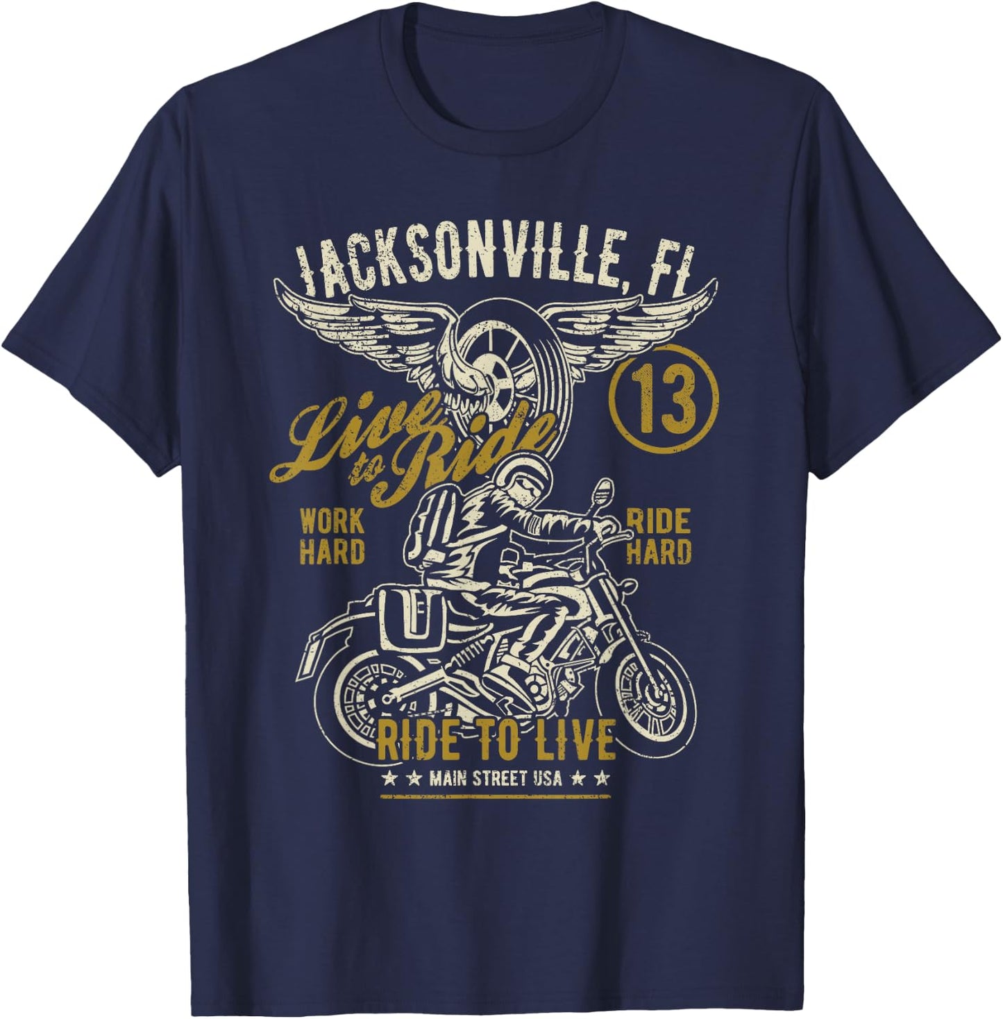 Jacksonville FL USA Distressed Style Motorcycle Design T-Shirt - T-Shirt | Navy
