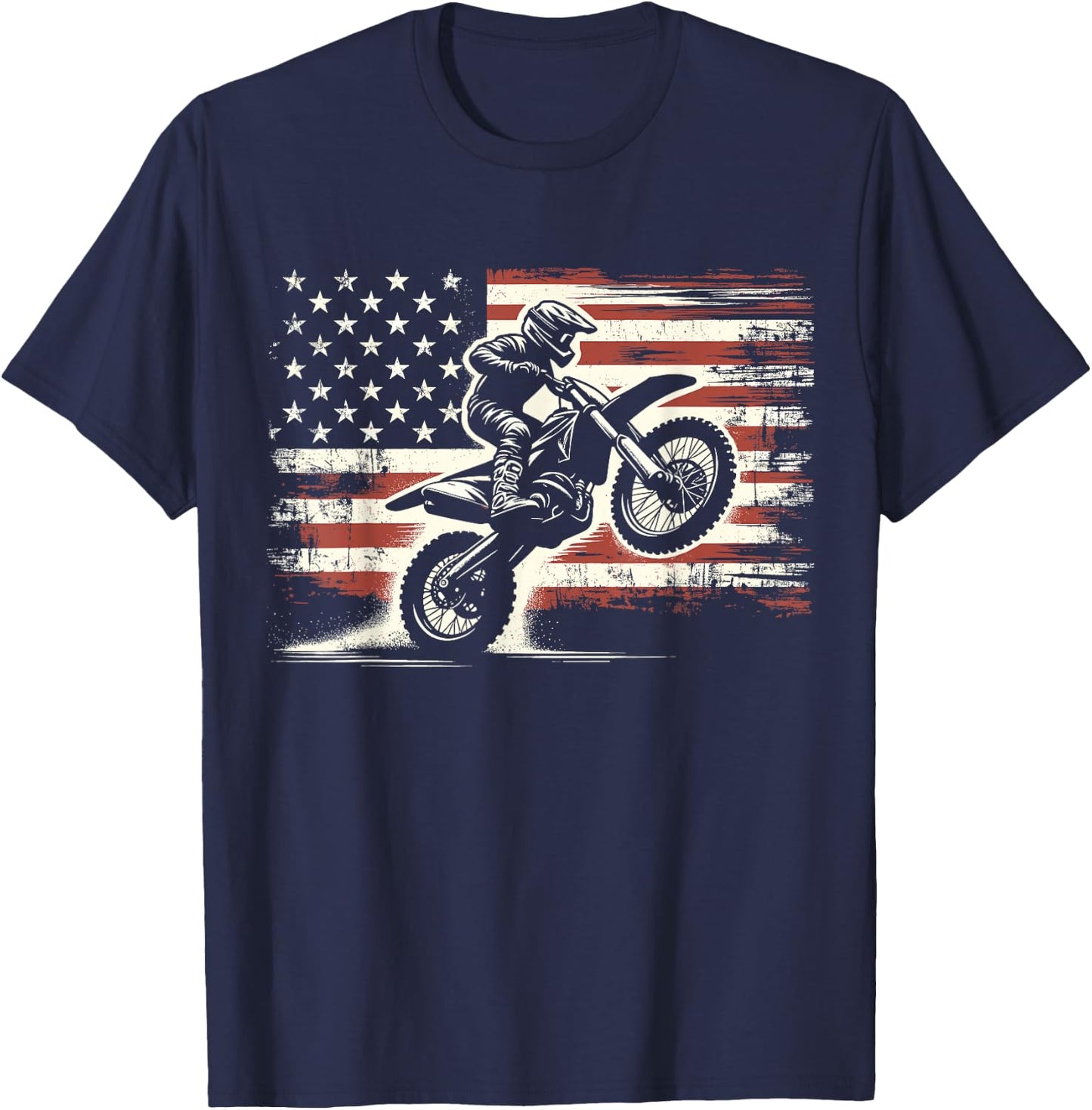 Dirt Bike American Flag Motocross Biker Vintage USA , Small, Black T-Shirt - T-Shirt | Navy