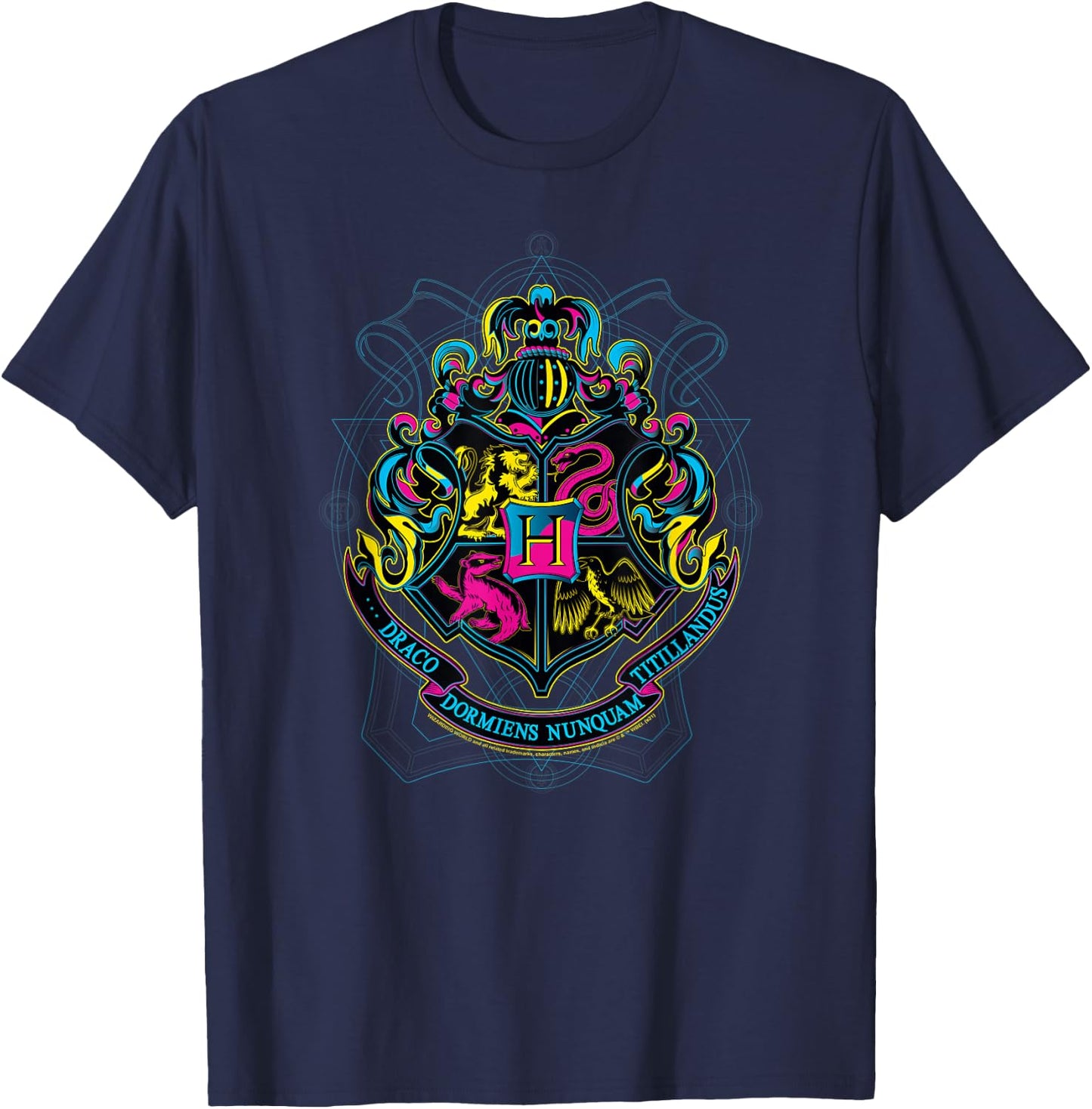 Harry Potter Neon Hogwarts Shield with Motto T-Shirt - T-Shirt | Navy