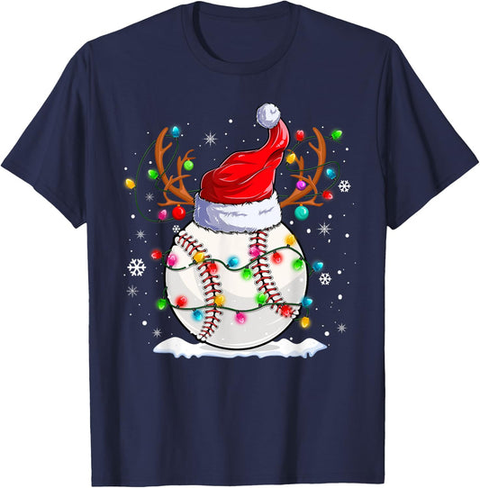 Baseball Santa Hat Reindeer Christmas Lights Funny Xmas T-Shirt - T-Shirt | Navy