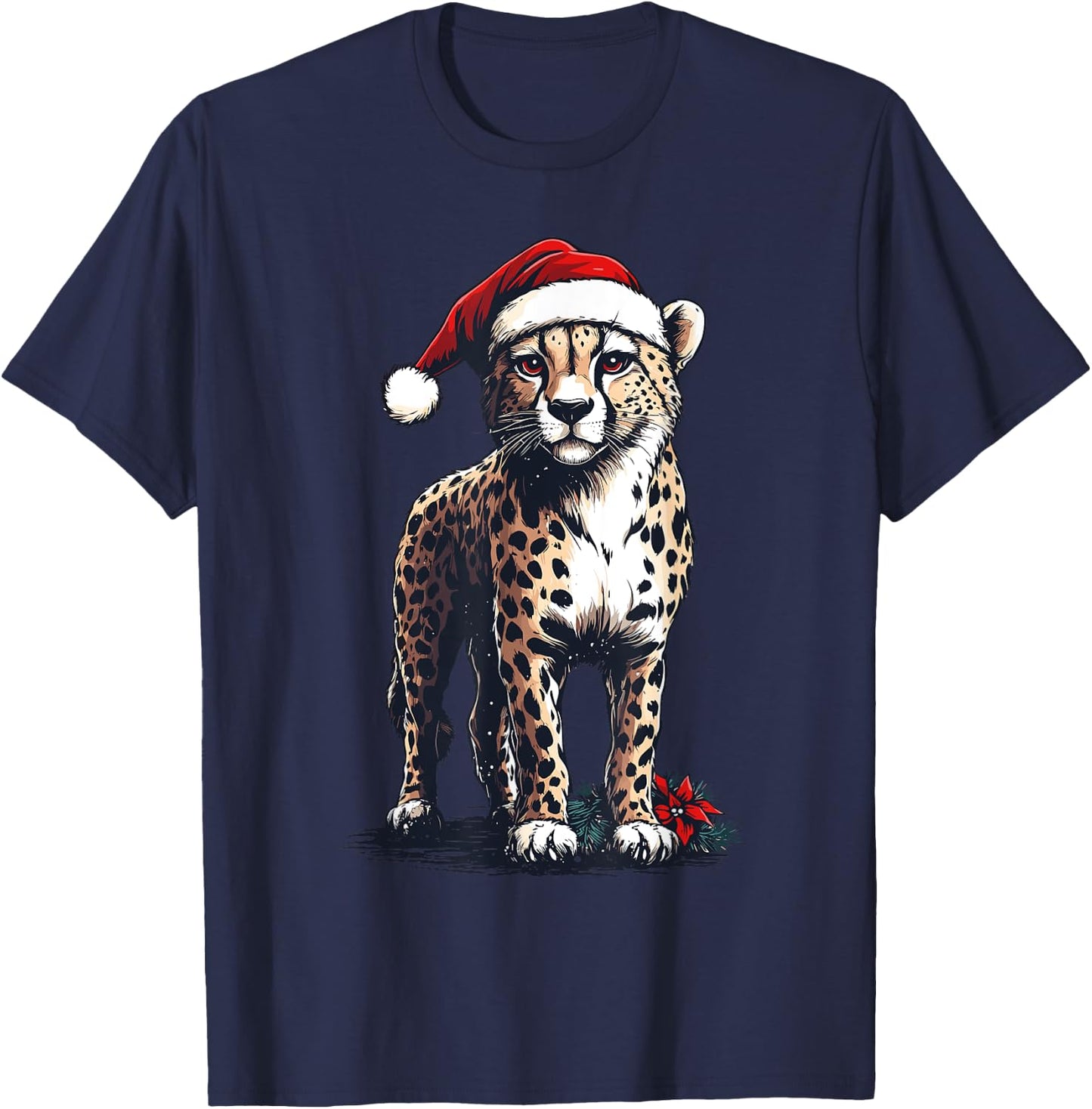 Cheetah Santa Hat Cheetah Lover Men Women Kids Christmas T-Shirt - T-Shirt | Navy