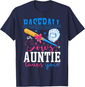 Baseball And Bows Auntie Loves You Gender Reveal Party T-Shirt - T-Shirt | Navy
