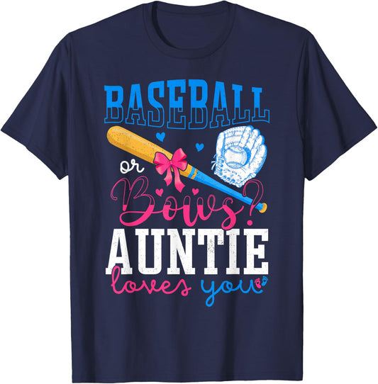 Baseball And Bows Auntie Loves You Gender Reveal Party T-Shirt - T-Shirt | Navy
