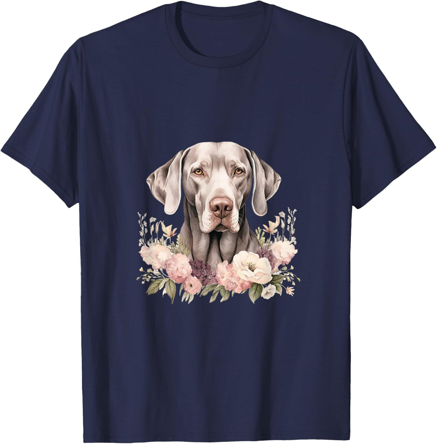 Weimaraner Dog With Flowers Vintage Pastel Floral Border T-Shirt - T-Shirt | Navy