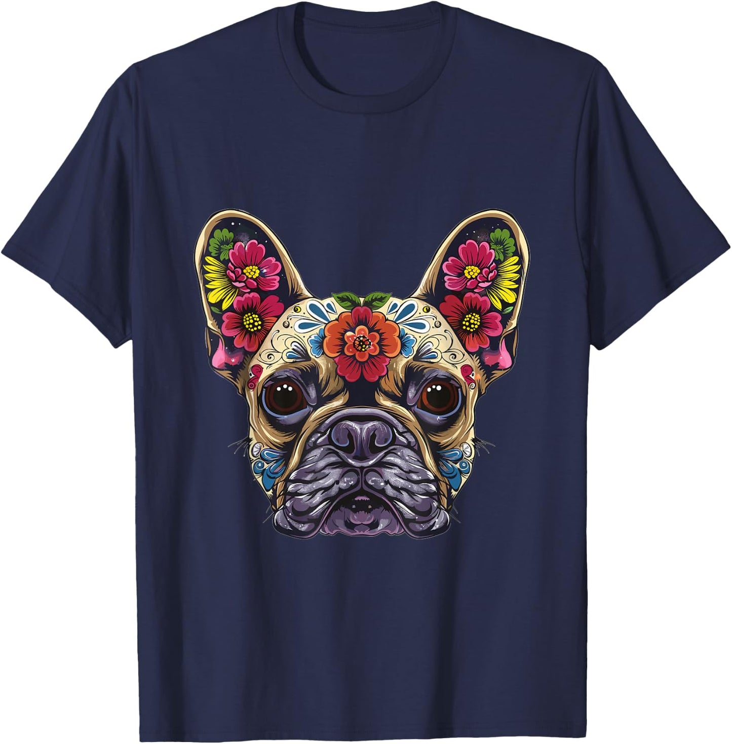 French Bulldog Sugar Skull Dia De Los Muertos Graphic Men Women Kids T-Shirt - T-Shirt | Navy