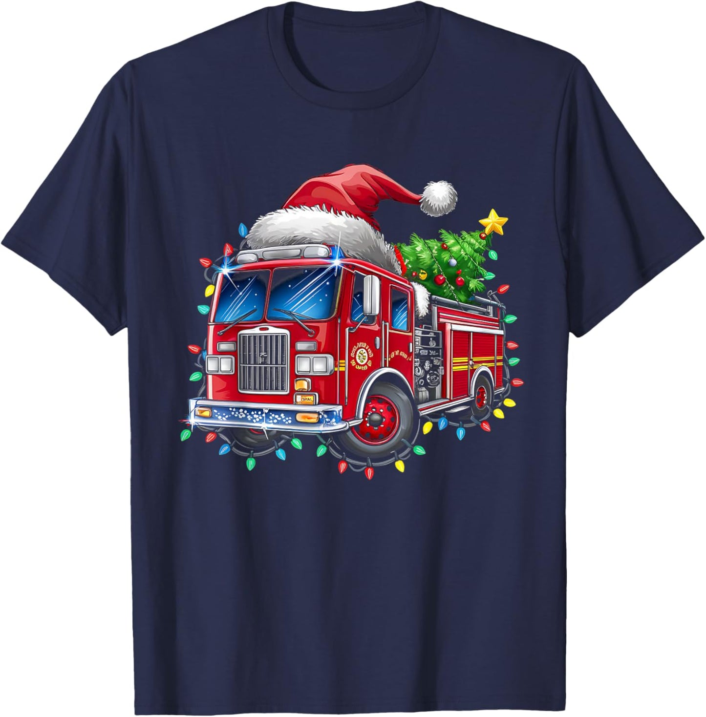 Funny Firetruck Santa Christmas Tree Lights Toddler Kids T-Shirt - T-Shirt | Navy