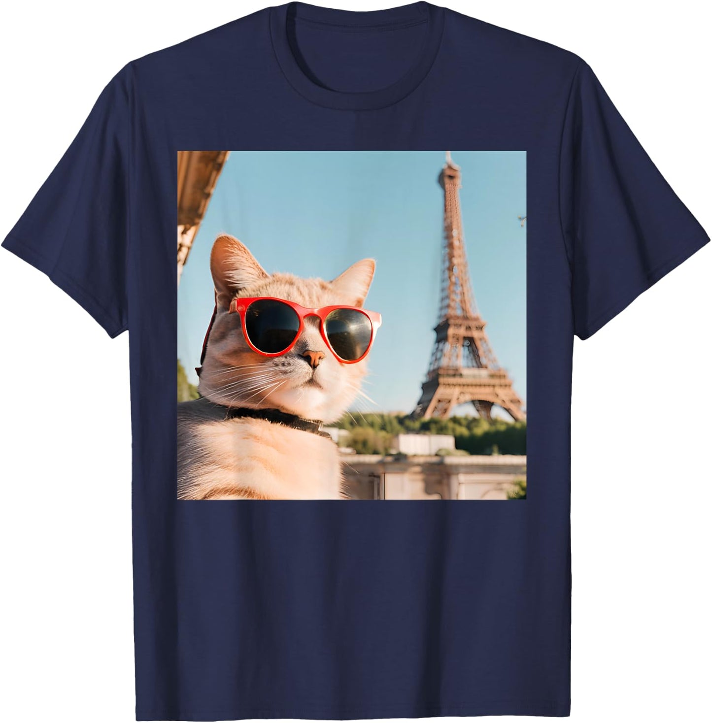 Funny Cat Wearing Sunglasses At The Eiffel Tower in France Women Kids T-Shirt - T-Shirt | Navy
