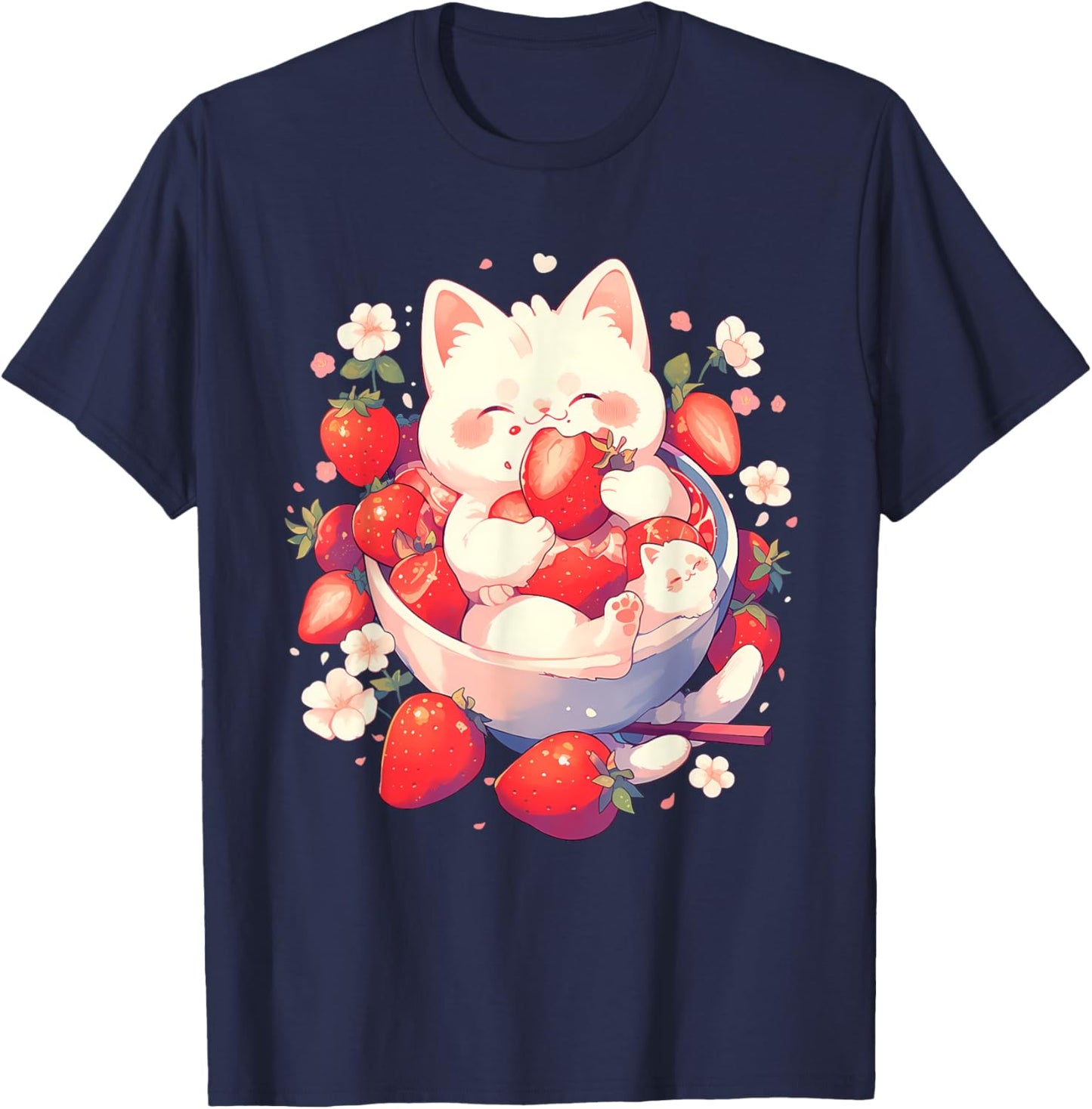 Strawberry Cat Animal Art Strawberries Floral Drawing T-Shirt - T-Shirt | Navy