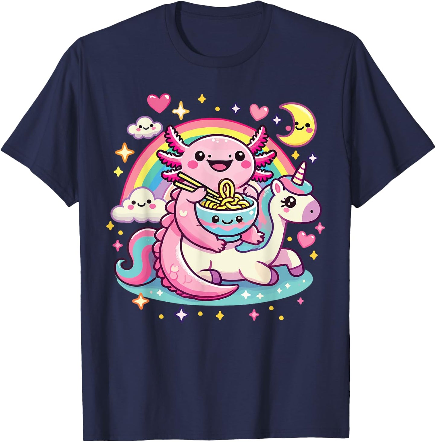 Anime Kawaii Axolotl Eating Ramen Noodles Rainbow Kids Girl T-Shirt - T-Shirt | Navy
