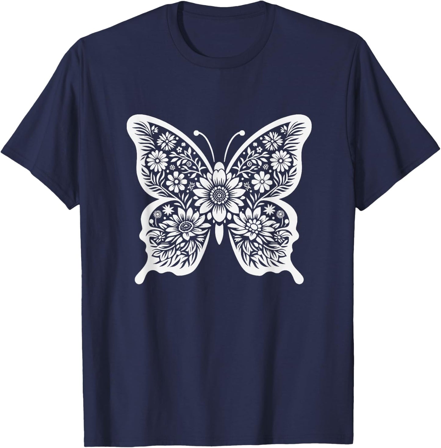 Floral Butterfly Graphic Art Design And Girls T-Shirt - T-Shirt | Navy