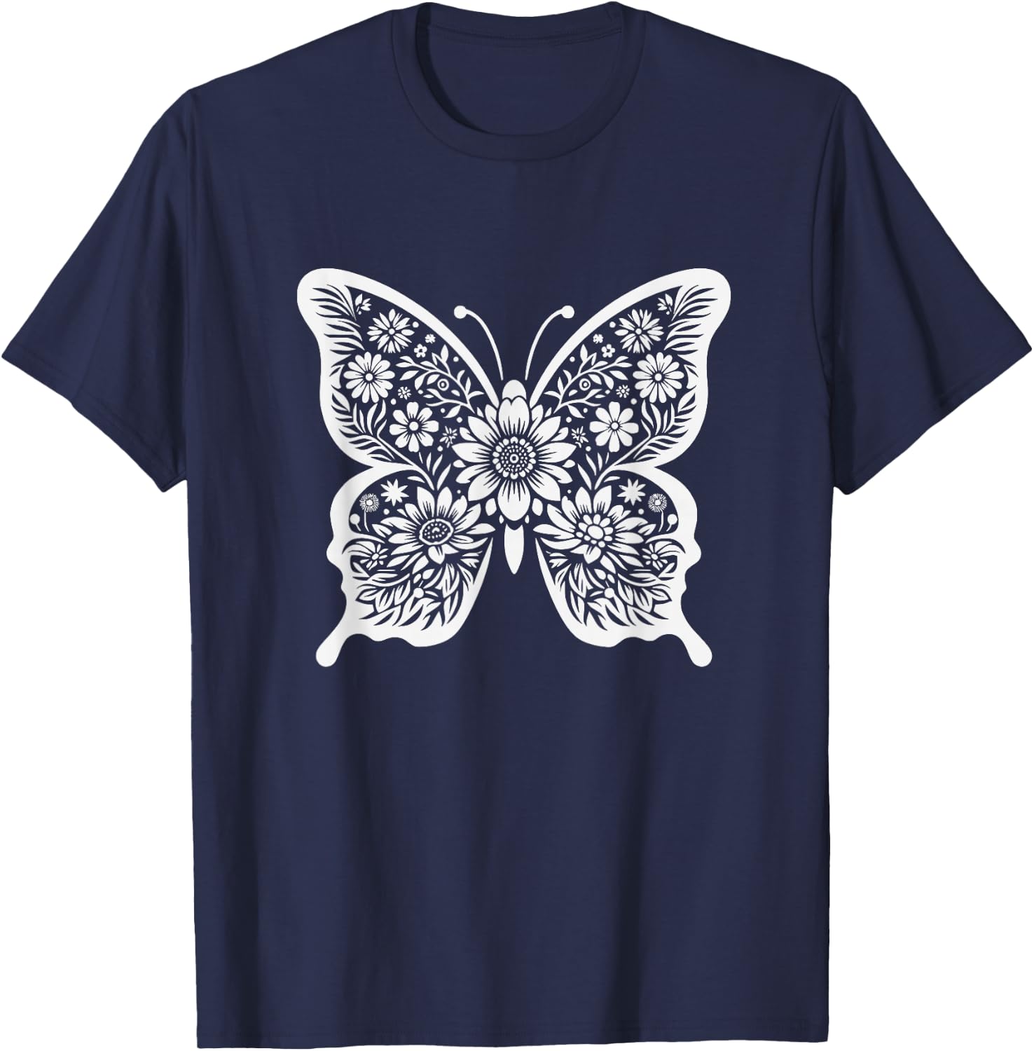 Floral Butterfly Graphic Art Design And Girls T-Shirt - T-Shirt | Navy