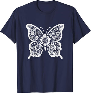 Floral Butterfly Graphic Art Design And Girls T-Shirt - T-Shirt | Navy