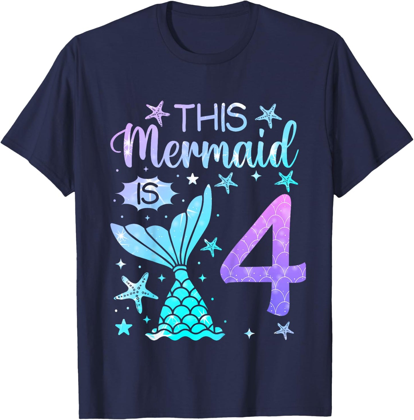 4th Birthday Shirt Girl 4yr Four 4 Year Old Mermaid Bday T-Shirt - T-Shirt | Navy