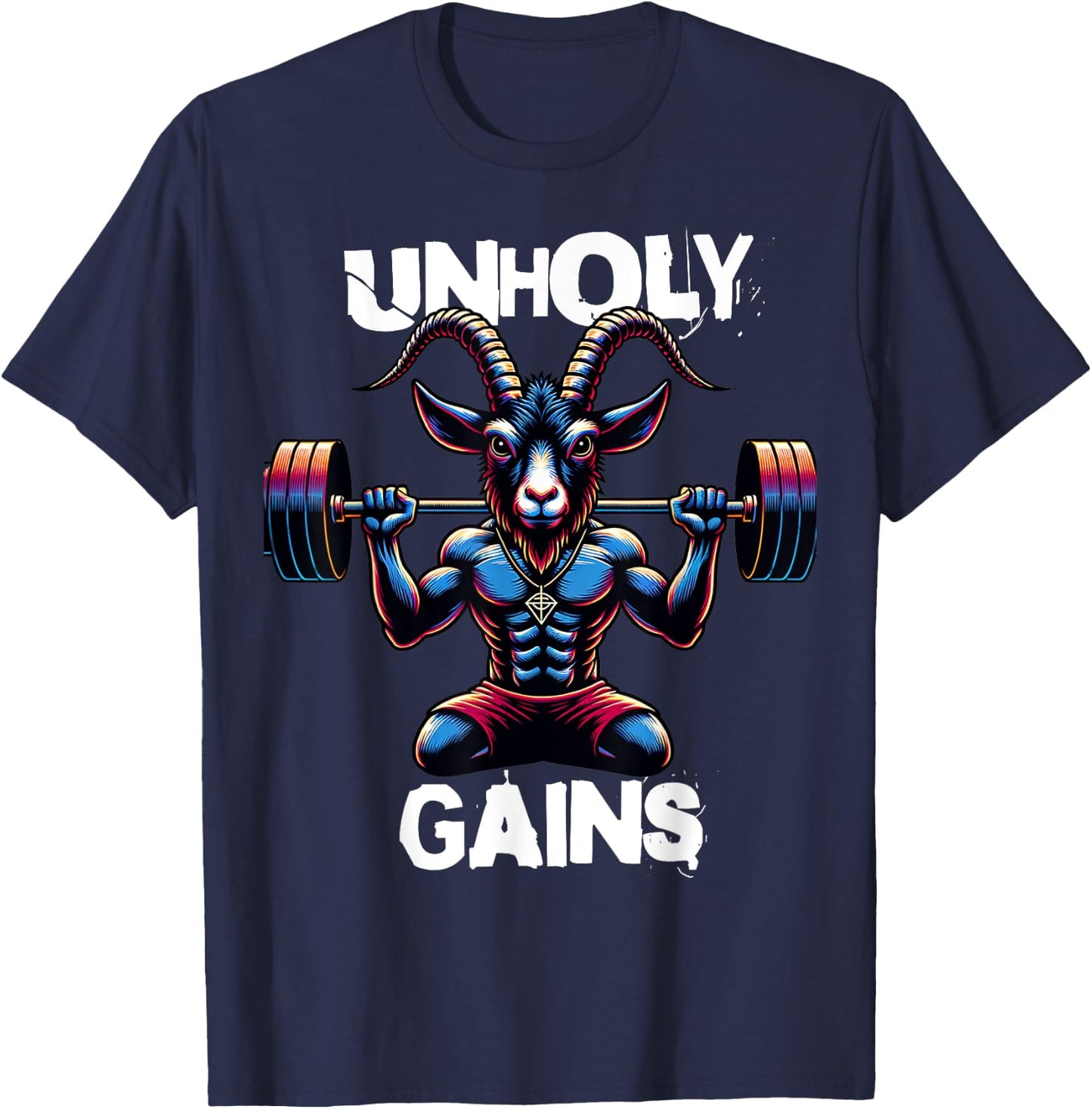 Unholy Gains Satanic Workout Devil Worship Goat Baphomet Gym T-Shirt - T-Shirt | Navy