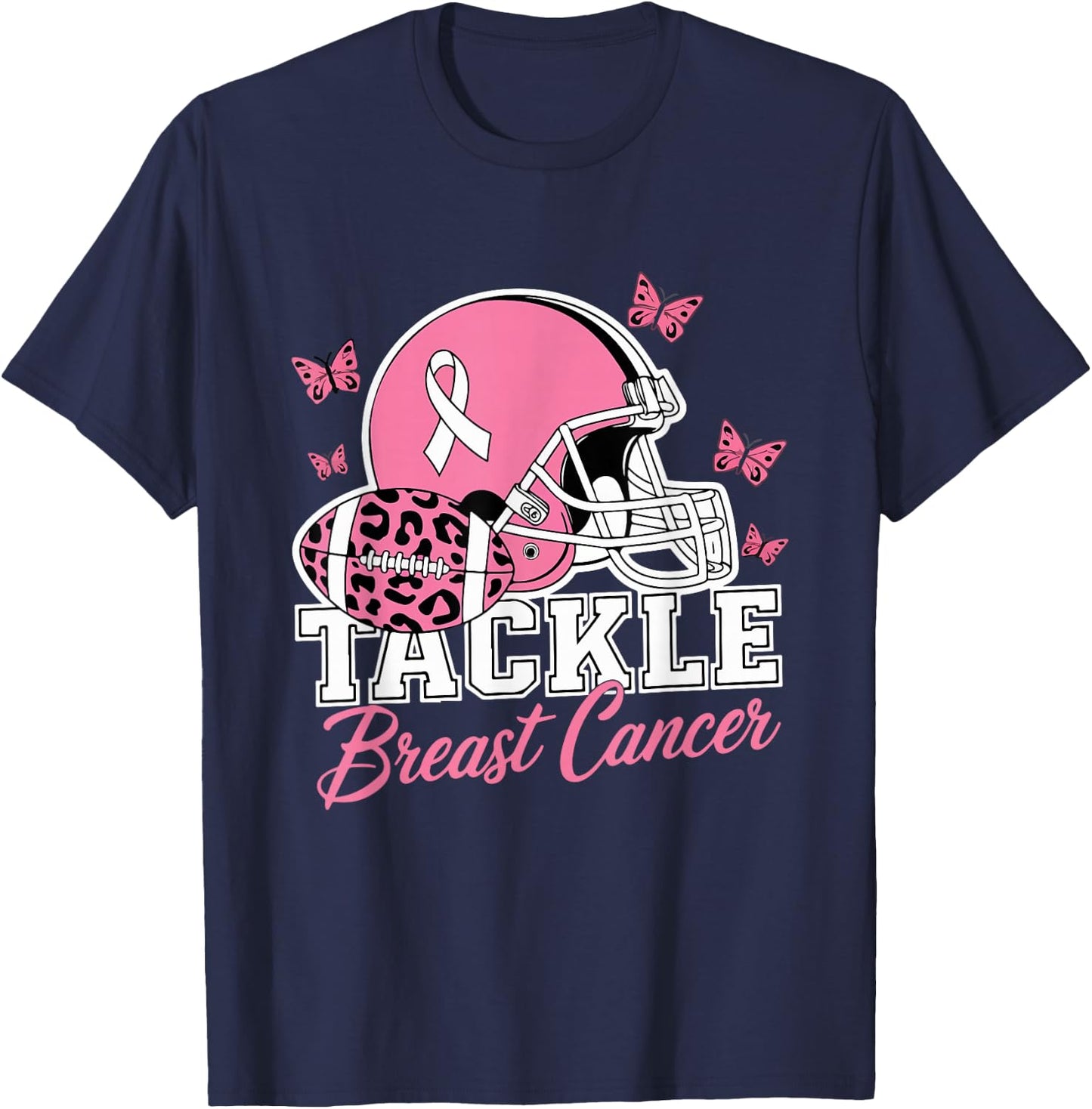 Tackle Breast Cancer Pink Ribbon American Fantasy Football T-Shirt - T-Shirt | Navy