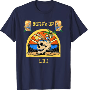 Surf's Up LBI Funny Vintage Surfing Beach Skeleton T-Shirt - T-Shirt | Navy