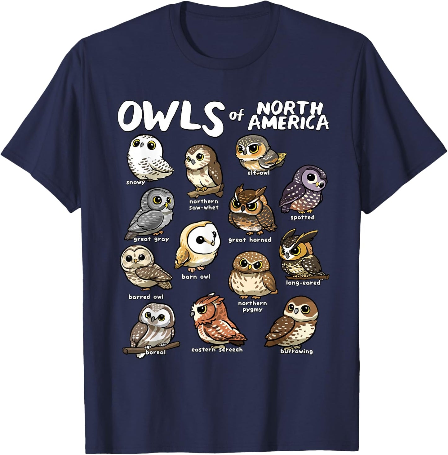 Owls of North America Shirt Birdwatcher Bird Lover Owl Lover T-Shirt - T-Shirt | Navy