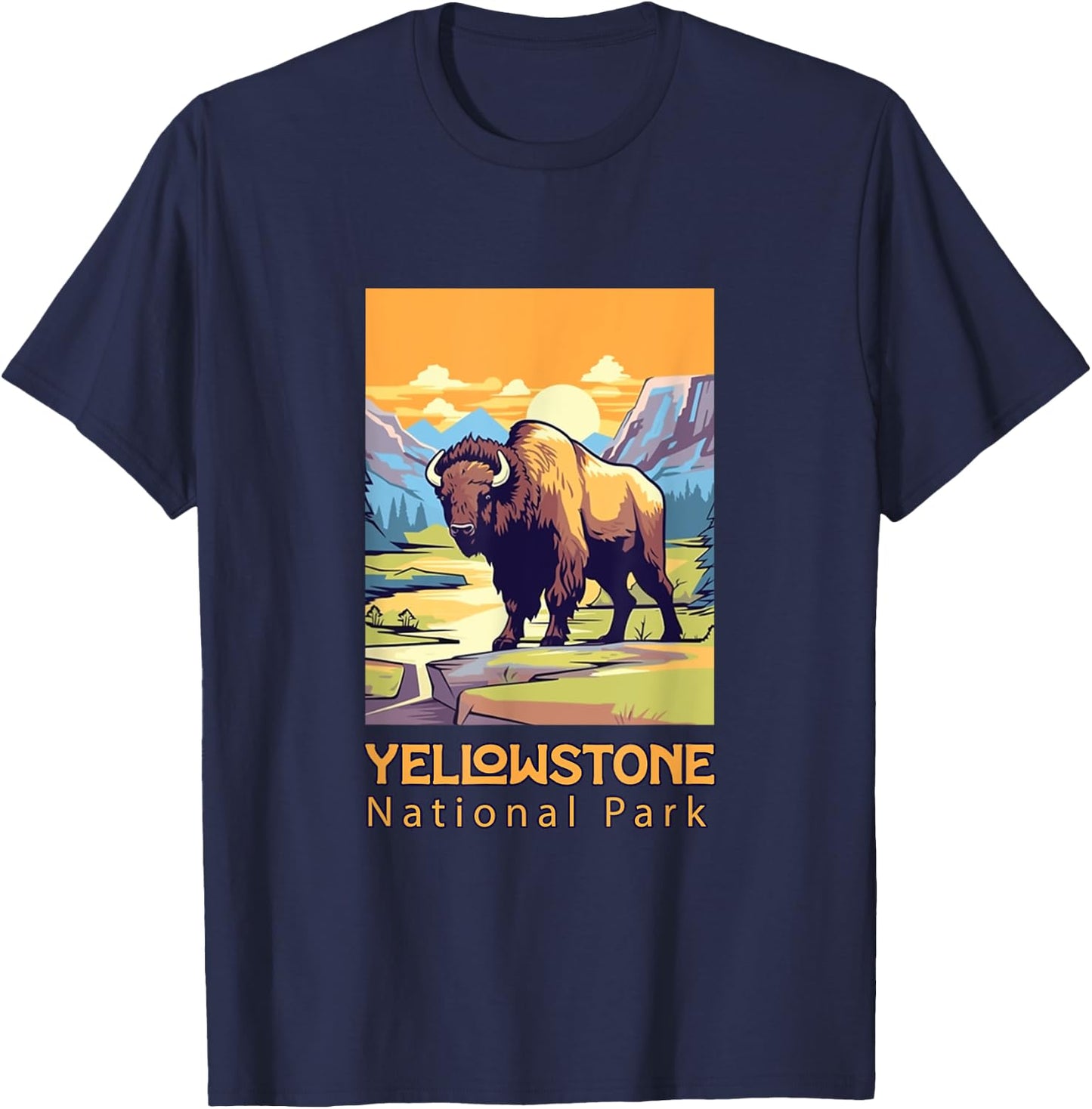 Yellowstone National Park Bison Large Cartoon Graphic T-Shirt - T-Shirt | Navy