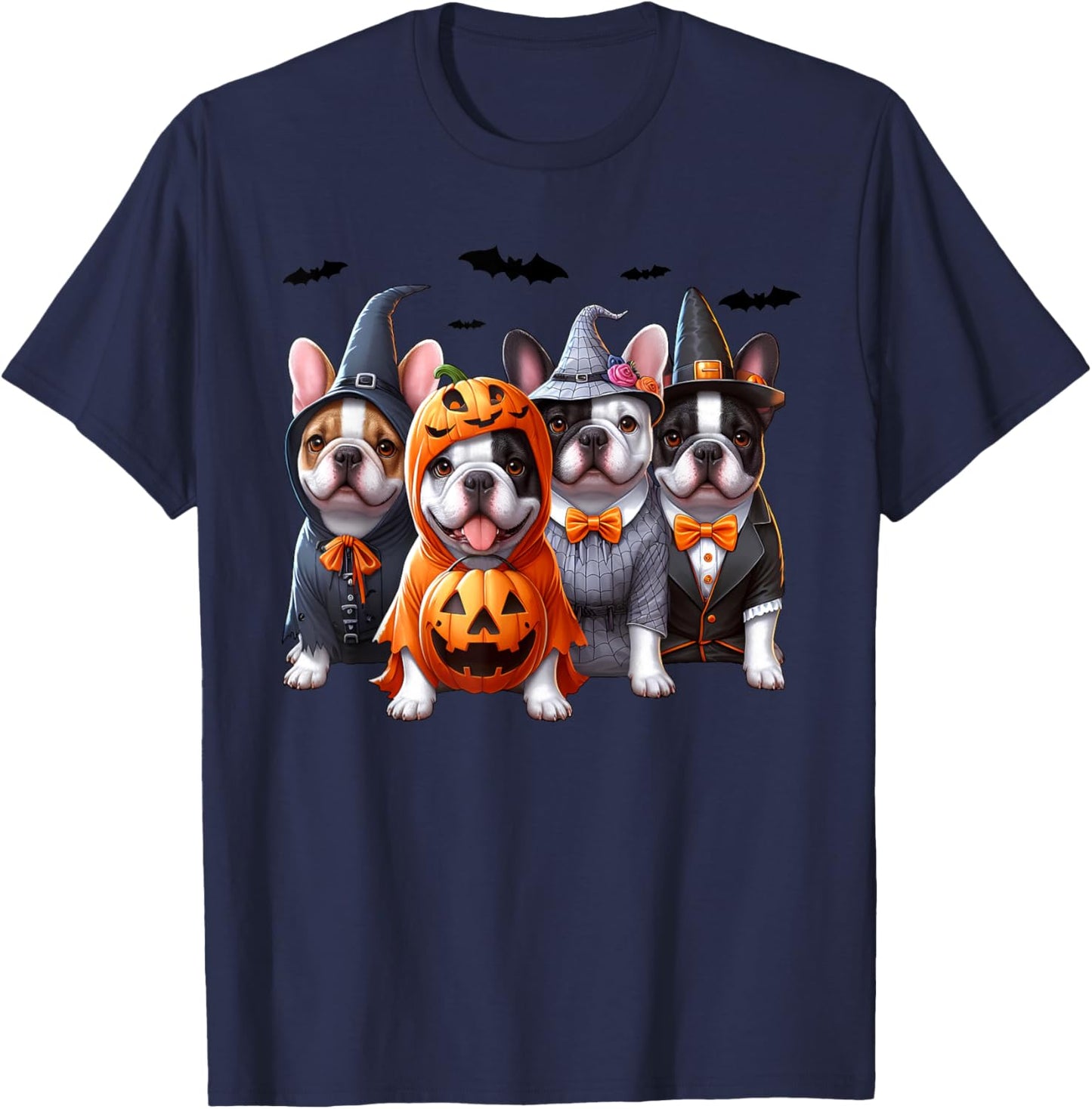 Frenchie Ghost And Witch Dog, French Bulldog Halloween Boo Men Women Kids T-Shirt - T-Shirt | Navy