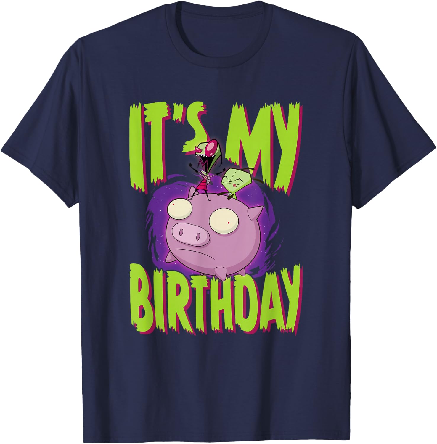 Invader Zim It's My Birthday Zim & Gir Riding Pig T-Shirt - T-Shirt | Navy