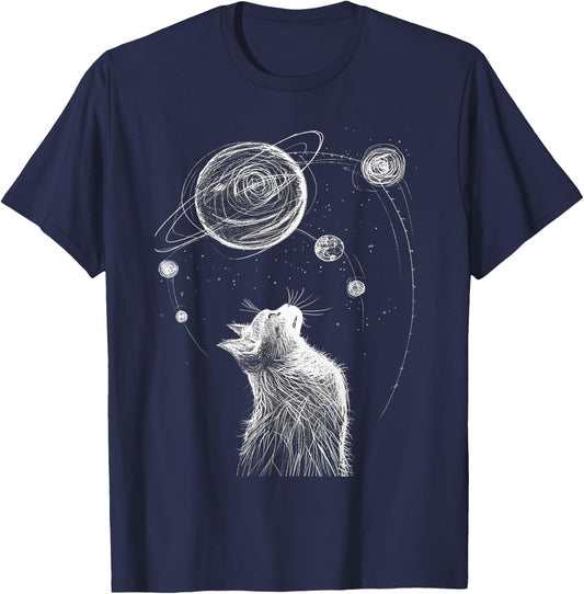 Cat Staring at Solar System Men Women Kids T-Shirt - T-Shirt | Navy