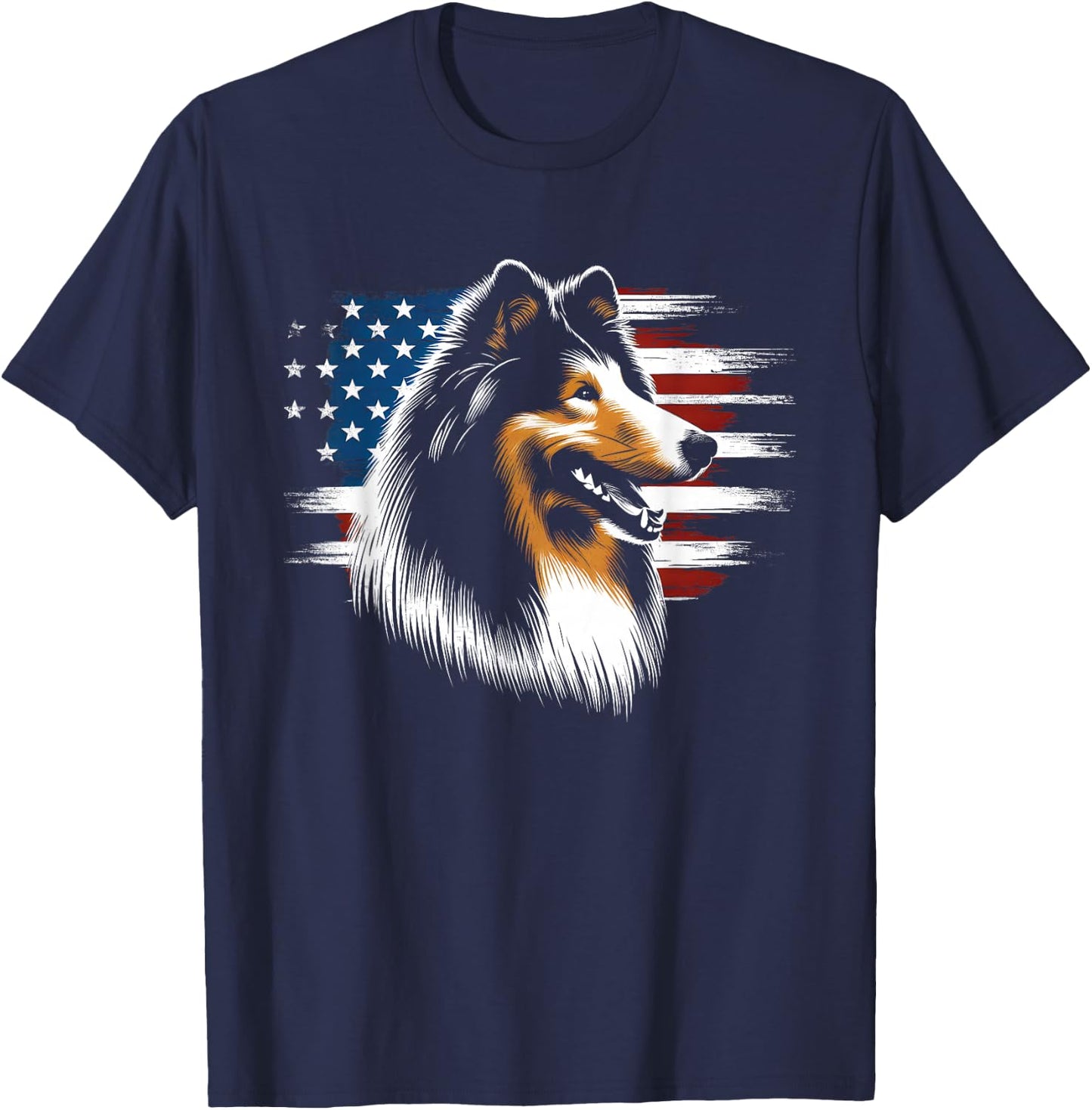 Rough Collie American Flag - Patriotic Collie Dog Lover T-Shirt - T-Shirt | Navy